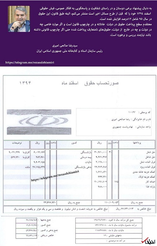صالحی امیری فیش حقوقی خود را منتشر کرد