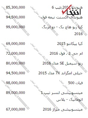 قیمت برخی از خودروهای زیر 100 میلیون تومان +جدول