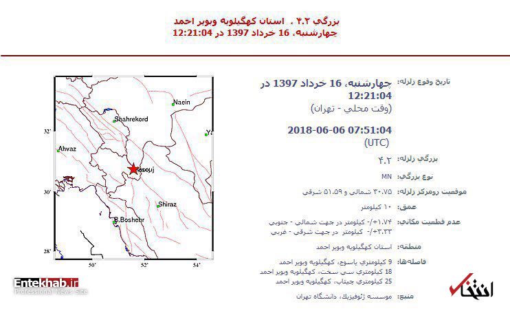زمین لرزه ای به بزرگی ۴.۲ ریشتر یاسوج را لرزاند
