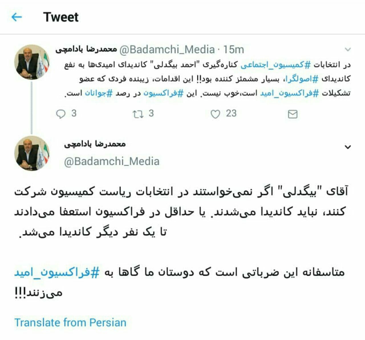 بادامچی: کناره گیری احمد بیگدلی، کاندیدای امیدی&zwnj;ها به نفع کاندیدای اصولگرا بسیار مشمئز کننده بود!