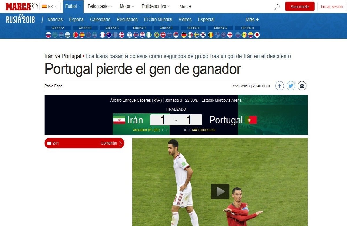 جامجهانی/ تحقیر رونالدو توسط مارکا: ایران در حق اسپانیا لطف کرد/ ESPN: رونالدو و پرتغال از وحشت ایران جان سالم به در بردند جامجهانی/ تحقیر رونالدو توسط مارکا: ایران در حق اسپانیا لطف کرد/ ESPN: رونالدو و پرتغال از وحشت ایران جان سالم به در بردند