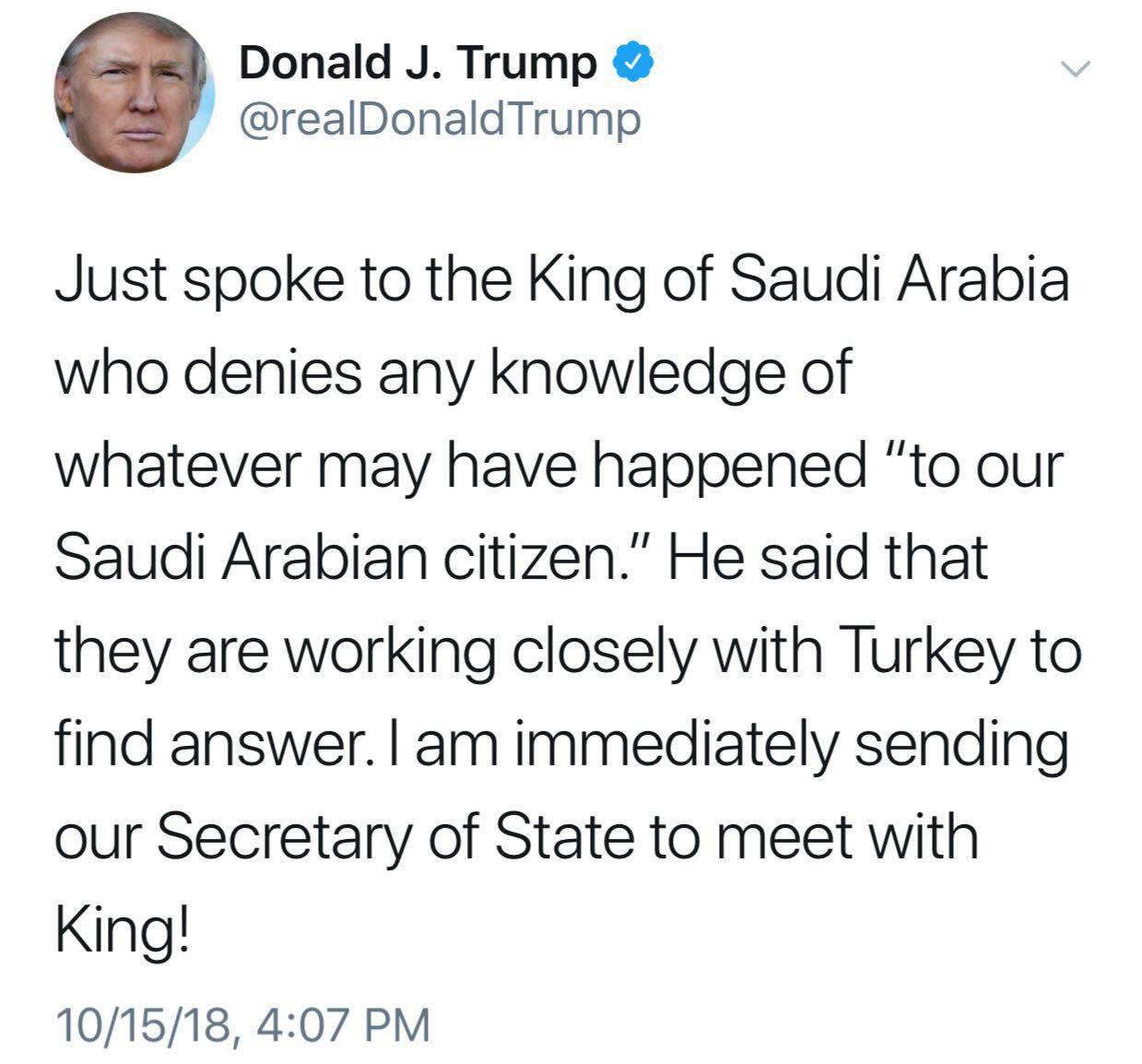 ترامپ: با پادشاه عربستان صحبت كردم/ او هرگونه اطلاع از سرنوشت خاشقجی را انكار كرد