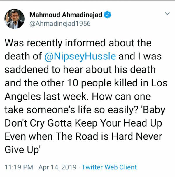 ابراز تأسف احمدی&zwnj;نژاد از قتل رپر آمریکایی/ تحلیلگر آمریکایی: گرداننده توییتر احمدی&zwnj;نژاد یک نابغه کمدی است