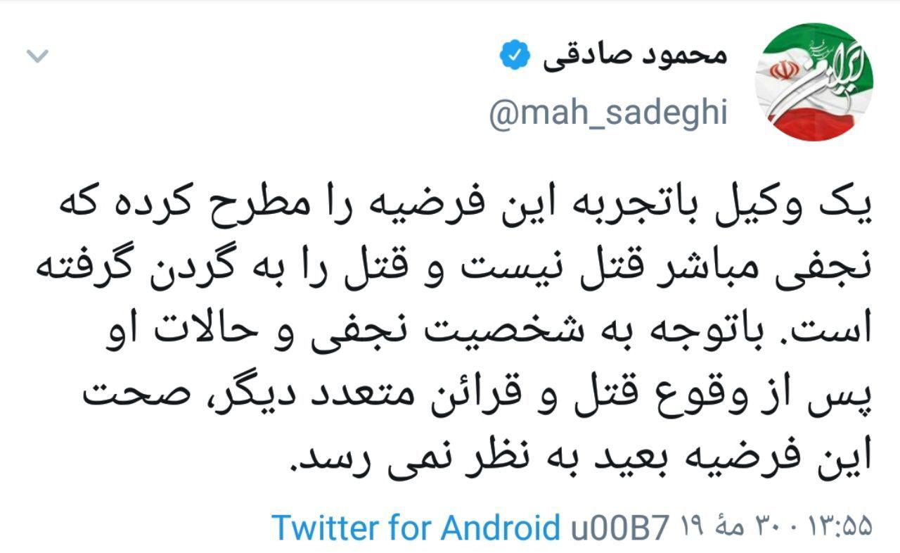 محمود صادقی فرضیه گردن گرفتن قتل توسط نجفی را مطرح کرد محمود صادقی فرضیه گردن گرفتن قتل توسط نجفی را مطرح کرد