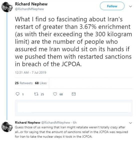 واکنش ریچارد نفیو به تصمیم امروز تهران: برخی می&zwnj;گفتند ایران دست روی دست خواهد گذاشت