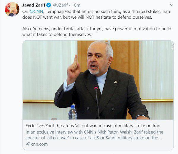 ظریف: خواهان جنگ نیستیم اما برای دفاع از خود تعلل نخواهیم کرد