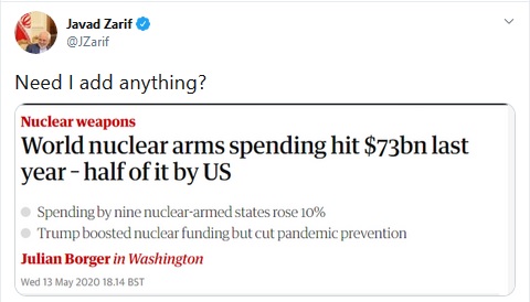 طعنه ظریف به هزینه تسلیحات هسته&zwnj;ای در جهان: آیا نیاز است، چیزی اضافه کنم؟