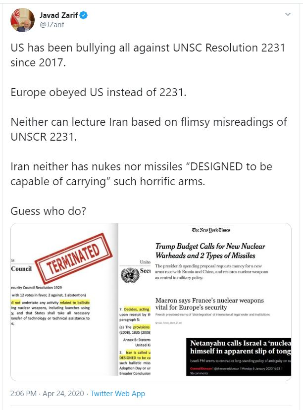 ظریف: اروپا به جای قطعنامه ۲۲۳۱، از آمریکا پیروی می&zwnj;کند