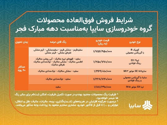 فروش فوق العاده محصولات سايپا از فردا/ 5 محصول سايپا 90 روز تحويل داده مي شود فروش فوق العاده محصولات سايپا از فردا/ 5 محصول سايپا 90 روز تحويل داده مي شود