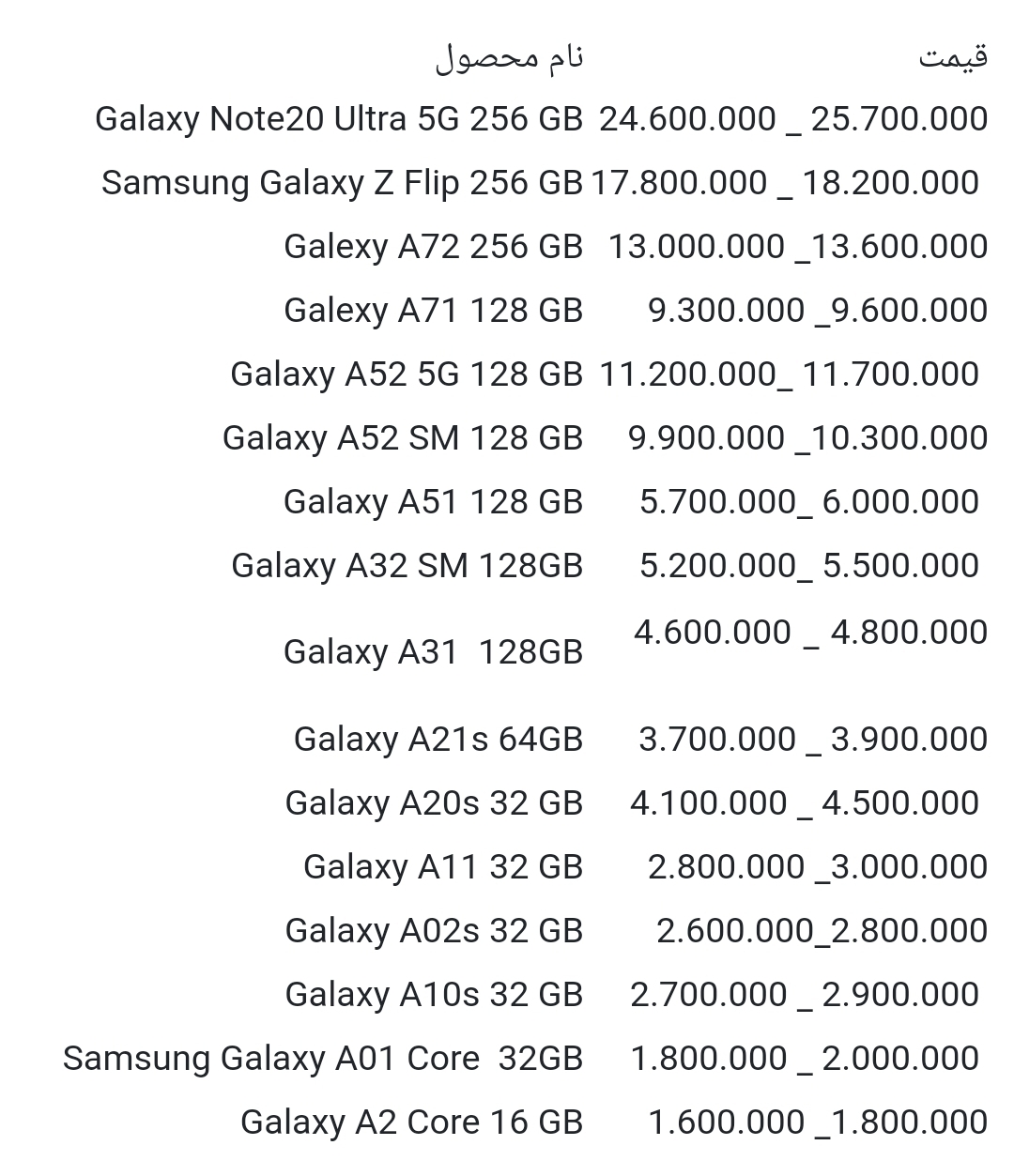 قیمت انواع گوشی سامسونگ امروز ۲۰ تیر ۱۴۰۰