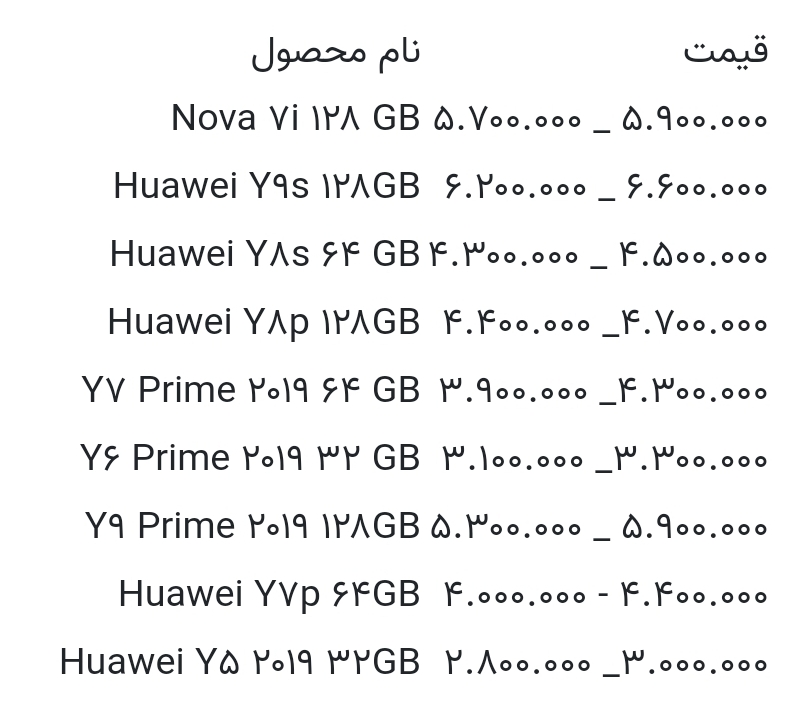 قیمت انواع گوشی هواوی امروز ۲۱ مهر ۱۴۰۰