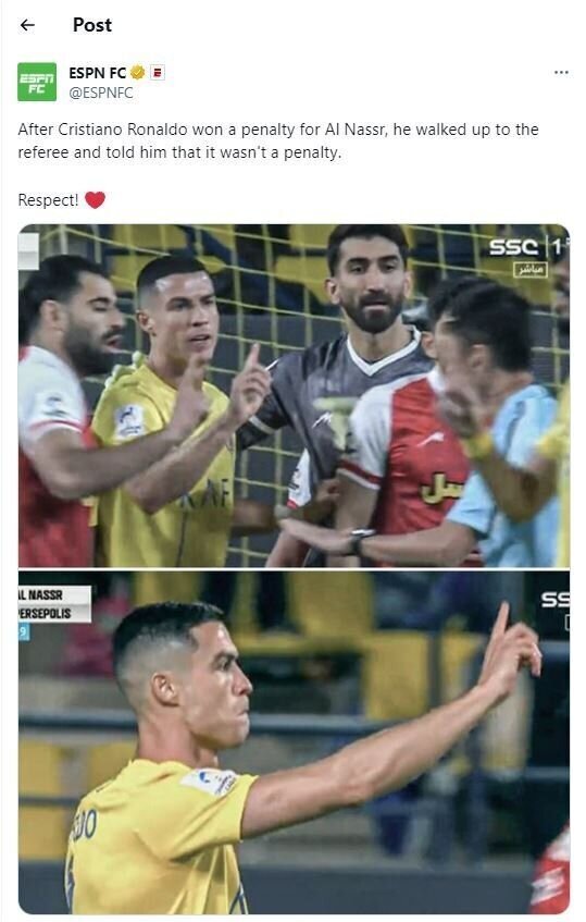 حرکت جالب رونالدو در دیدار با پرسپولیس سوژه رسانههای ورزشی جهان شد حرکت جالب رونالدو در دیدار با پرسپولیس سوژه رسانههای ورزشی جهان شد