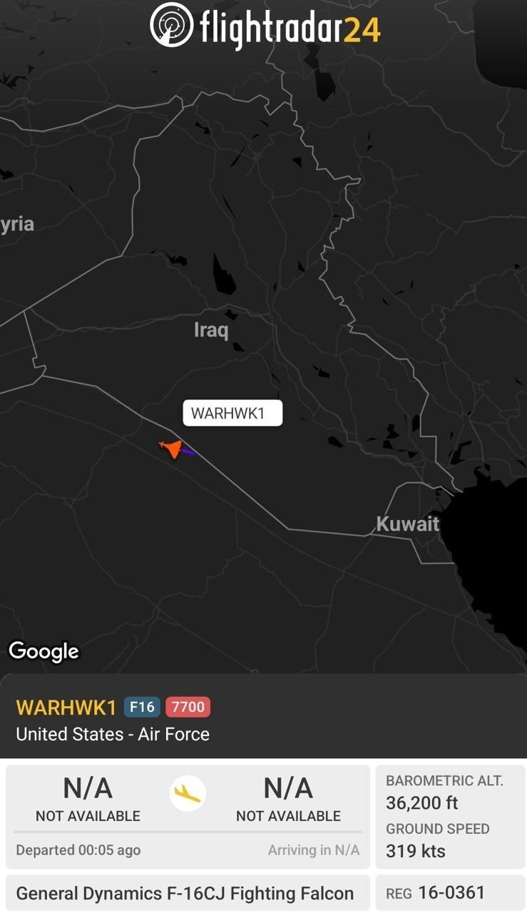ایجپت اوسینت: یک جنگنده F۱۶ در حال خروج از فضای هوایی ایران-عراق است و کد وضعیت اضطراری که نشان می‌دهد خدمه با یک مشکل جدی مواجه هستند، را ارسال کرده است