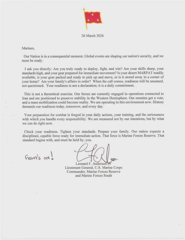  نامه‌ فرمانده نیروی تفنگداران دریایی ذخیره آمریکا: تفنگداران ذخیره دریایی آمادگی خود را برای عملیات‌های مرتبط با ایران بررسی کنند