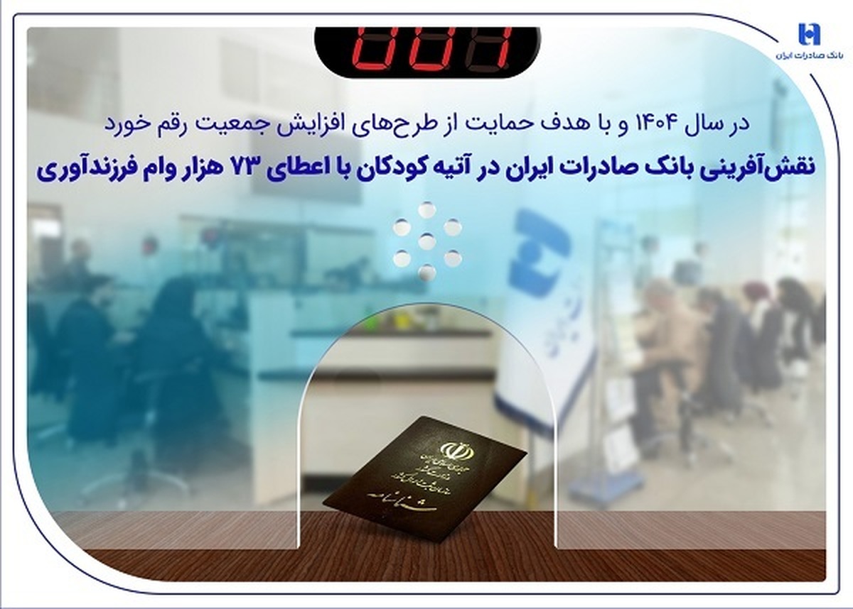 در سال ۱۴۰۴ و با هدف حمایت از طرح‌های افزایش جمعیت رقم خورد
نقش‌آفرینی بانک صادرات ایران در آتیه کودکان با اعطای ۷۳ هزار وام فرزندآوری