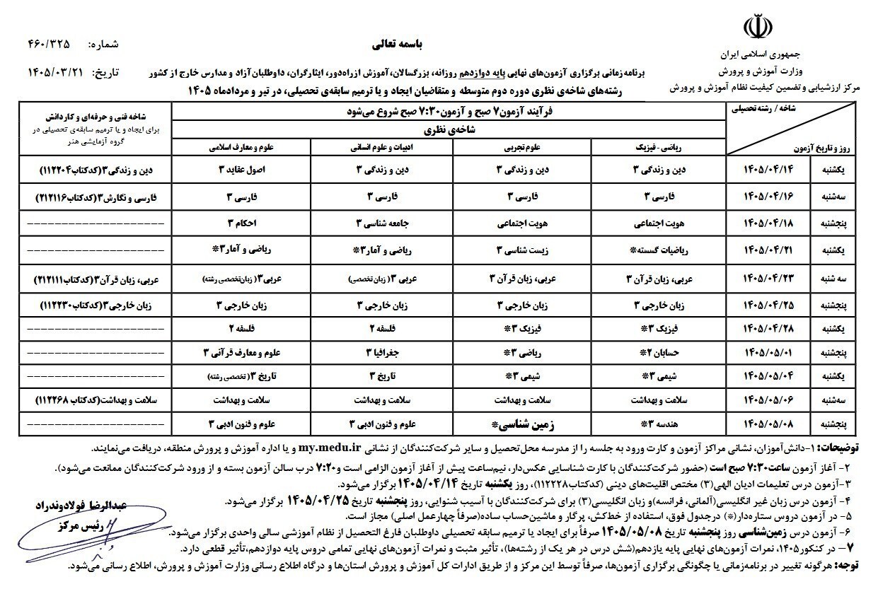 برنامه امتحانات نهایی پایه های یازدهم و دوازهم اعلام شد