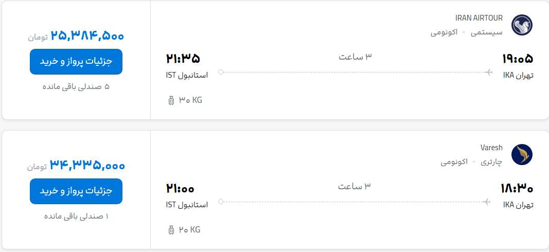 قیمت پرواز تهران - استانبول، امروز شنبه ۱۱ مهر ۱۴۰۵