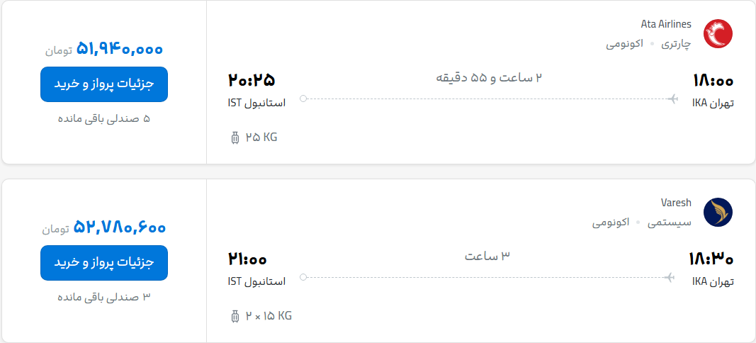 قیمت پرواز تهران - استانبول، امروز چهارشنبه ۲۹ مهر ۱۴۰۵